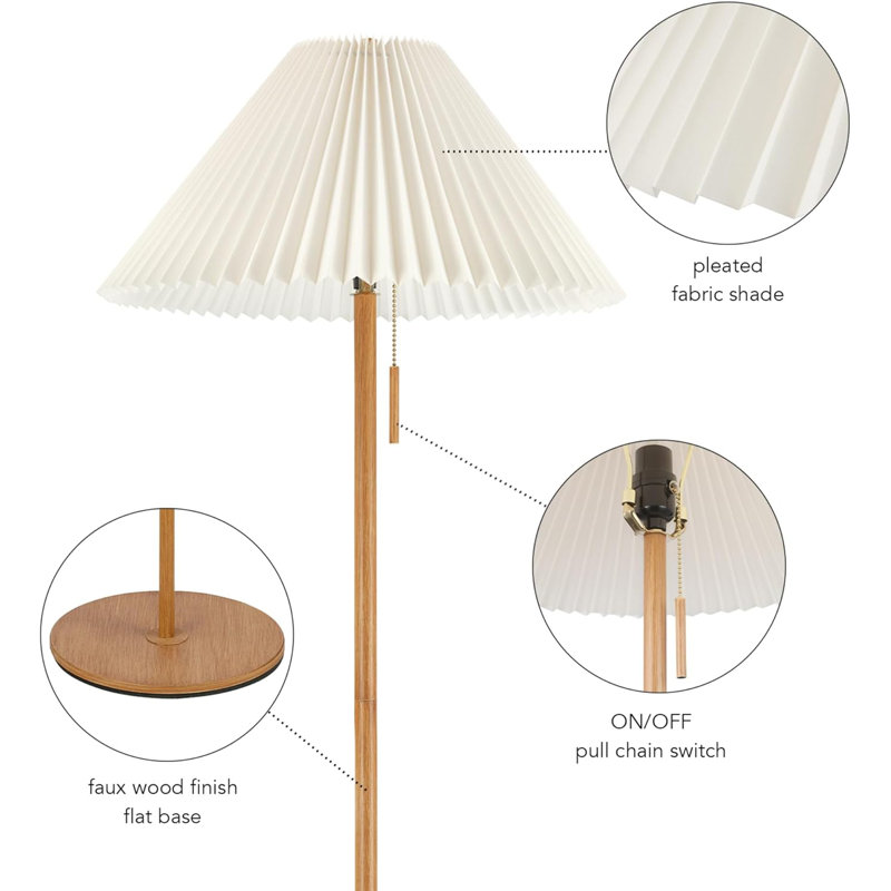 Everly Quinn Floor Lamp Faux Wood Finish Pleated Fabric Shade Flat Base Pull Chain Switch On Socket Reading Lamp Home Office Accessories Home Decor Home Improvement Wayfair